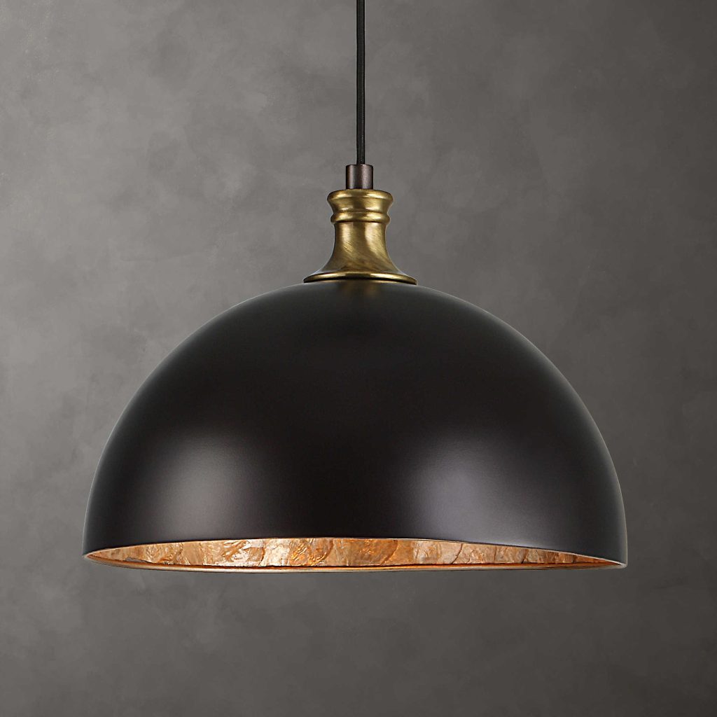 Metal dome pendant in a pacific bronze finish with antique brass accents. REG $411 NOW $210