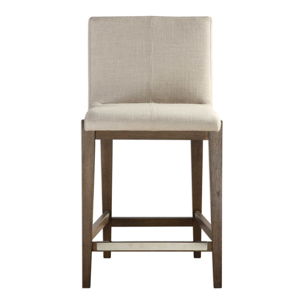 Gently sloped padded seat in a neutral linen blend performance fabric rests within a solid birch wood frame finished in light walnut, with a brushed nickel metal kick plate. Seat height is 26". REG $942 NOW $475