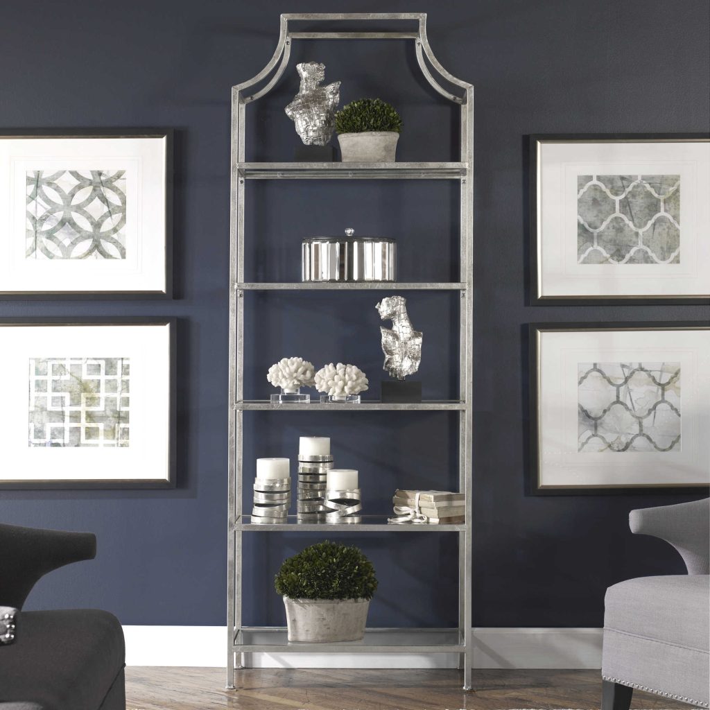 Transitional etagere bright silver with five tempered glass shelves. REG $1425 NOW $715
