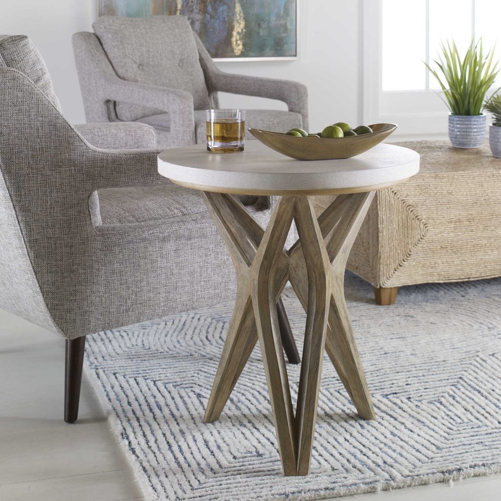 Handcrafted from solid mixed woods with an natural ivory limestone top, on a geometric base finished in a warm oatmeal wash. REG $942 NOW $475