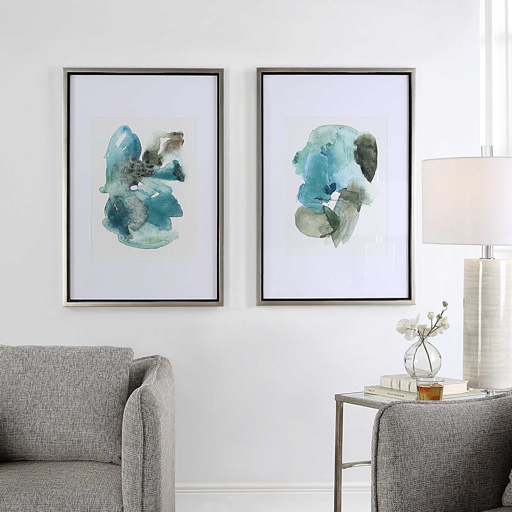 Capturing remarkable watercolor composition, these framed prints feature abstract images in smoke gray and turquoise blue. REG $657 NOW $330