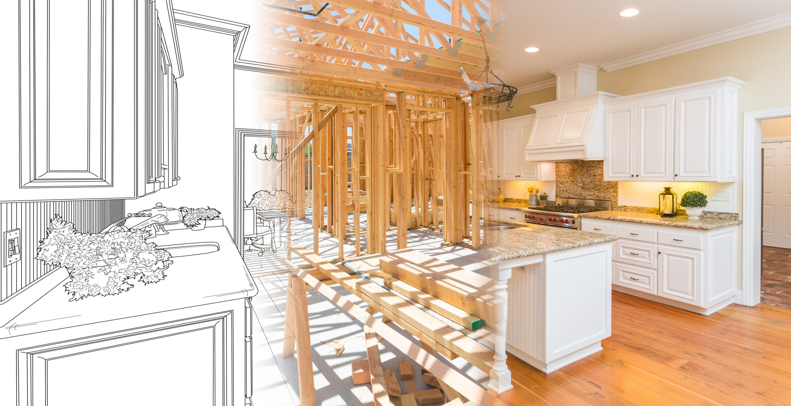 Kitchen Blueprint Drawing Gradating Into House Construction Framing Then Into Finished Build.